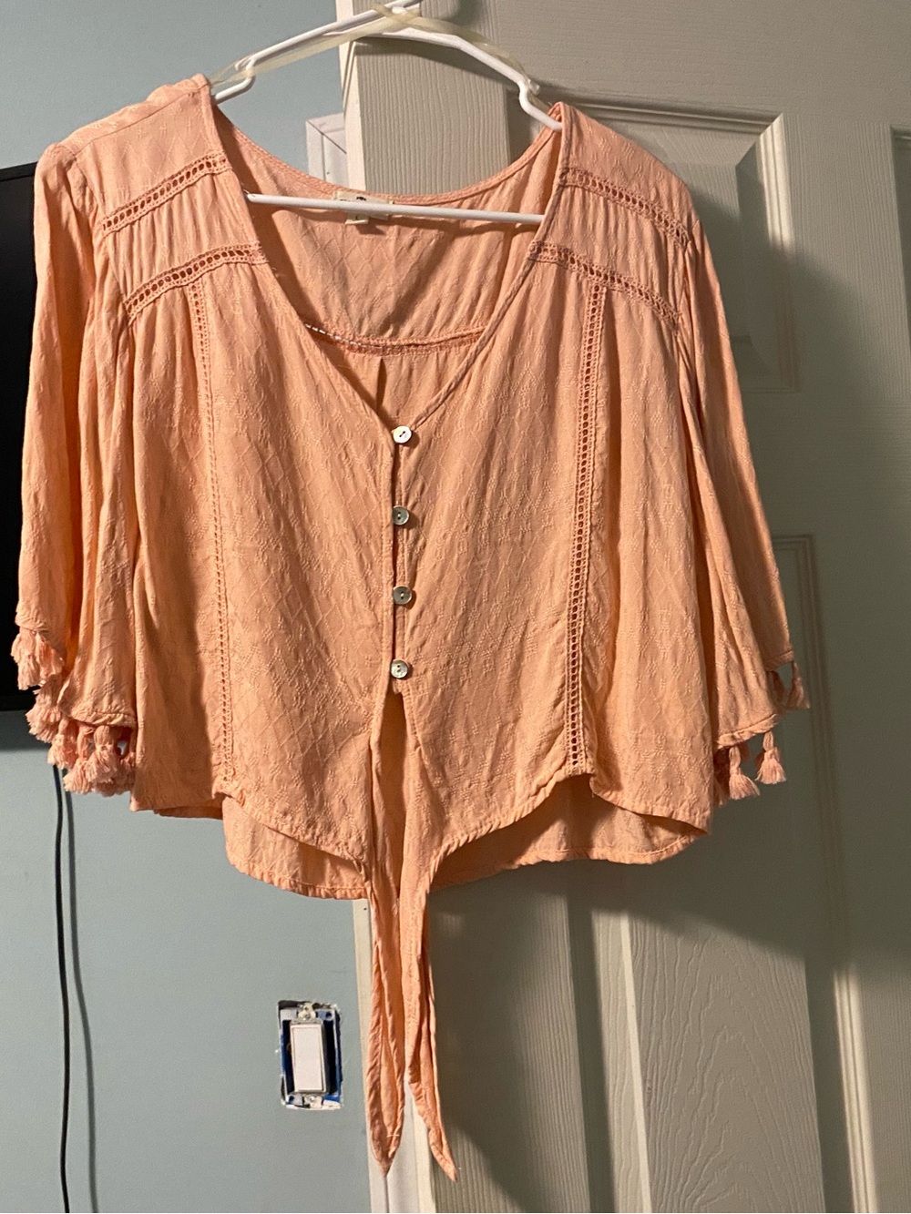 Light Peach Button-Front Women's Top with Tie